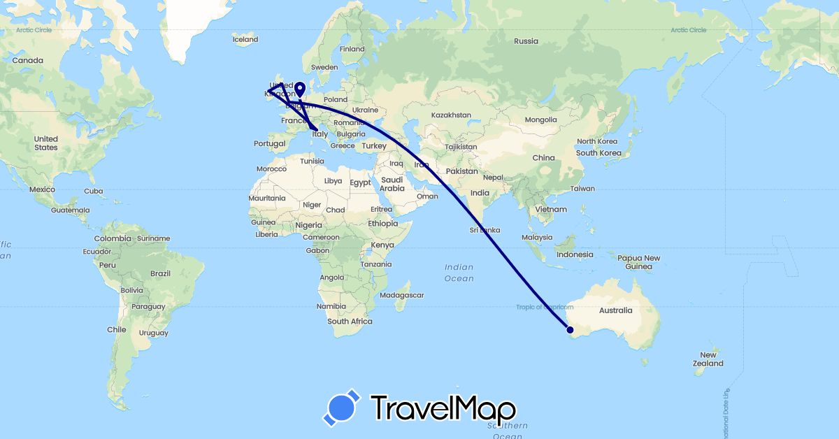 TravelMap itinerary: driving in Australia, Switzerland, United Kingdom, Ireland, Italy, Netherlands (Europe, Oceania)